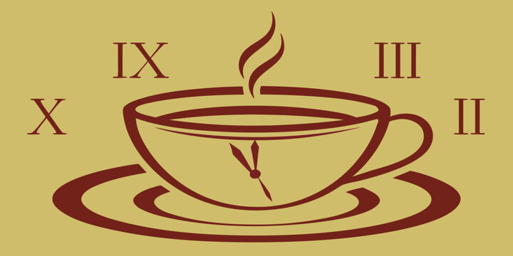 A stylized illustration of a coffee cup with roman numeral time markers