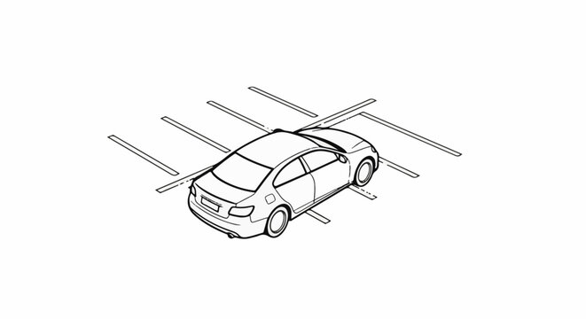 Isometric line drawing of a car within parking or sensor guide lines