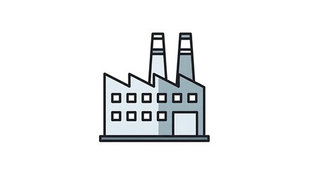 Naklejka premium Simple line illustration of a factory building with chimneys, representing manufacturing and industrial production.