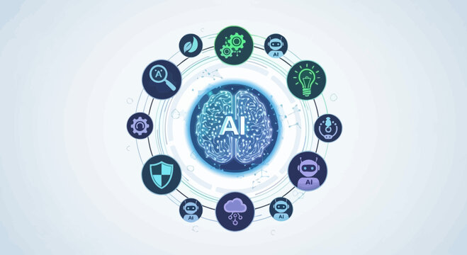 Artificial intelligence brain graphic with circular icons representing technology