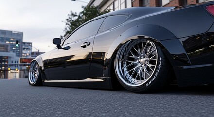Fototapeta premium Low-angle view of a sleek black customized sports coupe with wide fenders and large chrome wheels parked on an urban street.
