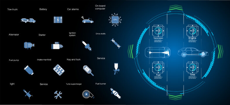 Futuristic car diagnostic interface with vehicle schematic and data analysis. Infographic showing auto parts icons like engine and battery. High-tech HUD design on a dark blue and black background.