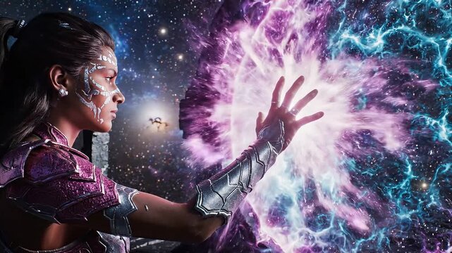 Woman reaches out to glowing portal surrounded by swirling energy in cosmic space. Alien terrain with dark rocks and vibrant colors. Concept of fantasy, adventure, science fiction