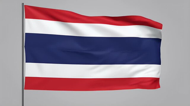 A flag with red, white, and blue stripes waves on a gray background