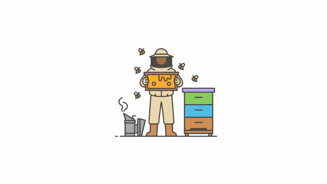 Beekeeper holding honeycomb frame near beehive vector illustration