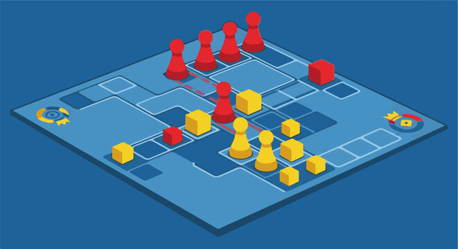 Isometric view of a strategic board game with red and yellow pieces