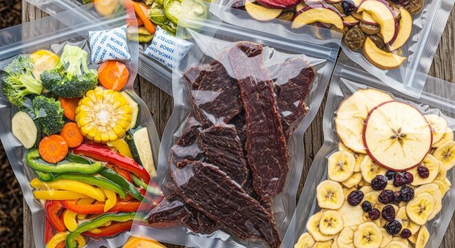 A collection of airtight bags containing fresh corn, broccoli, bell peppers, beef jerky, and dried banana slices.