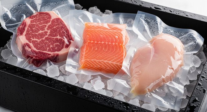Assorted raw proteins including beef ribeye, salmon fillet, and chicken breast in vacuum packaging, resting on crushed ice in a black tray.