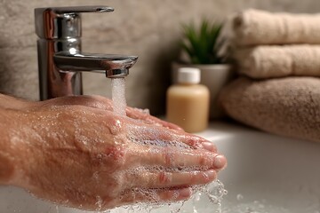 Fototapeta premium washing hands in bathroom soft light calm hygiene morning routine
