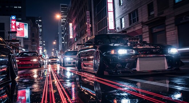 Modified JDM cars cruising on a wet city street at night with vibrant neon lights and dynamic light trails reflecting on the asphalt.