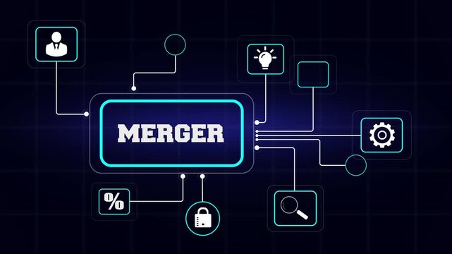 Business merger and corporate acquisition concept showing company integration on a futuristic digital interface with connected icons