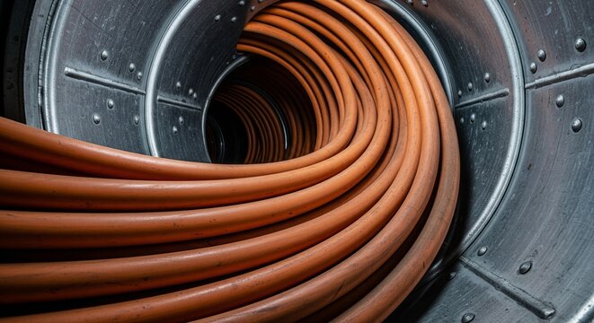 A close-up, internal view of a large metallic drum or conduit filled with many copper-colored industrial cables wound in a spiral.