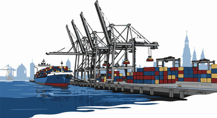 Fototapeta premium Large cargo ship docked at a port with many cranes and containers