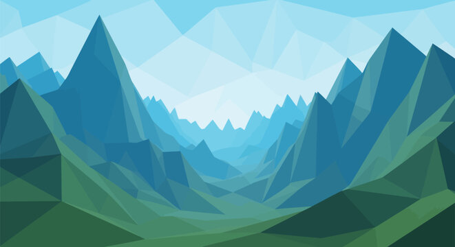 Low poly mountain range landscape with blue and green hues under a light blue sky with white clouds