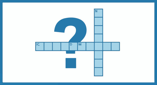 Large question mark overlaid on a light blue crossword grid with a few letters