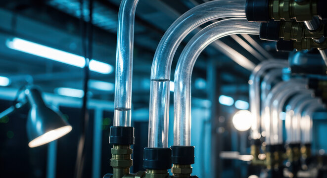 Close-up of industrial pipes with metal fittings in a dimly lit factory setting with blue