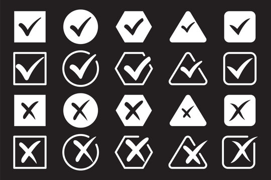 Check and Cross Shape Icons Set &ndash; White Tick and X Symbols in Square Circle Hexagon Triangle for UI Validation Status. check mark icon button set. check box icon with right and wrong buttons. yes-no 