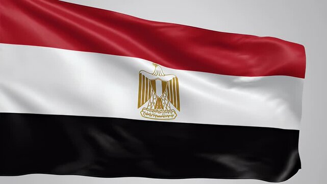 Waving Egyptian flag with golden eagle emblem against a plain background