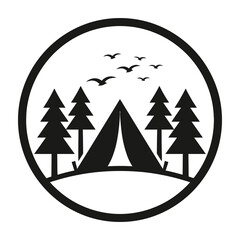 Fototapeta premium Camping logo with tent trees and birds in a circular frame symbolizing outdoor adventure and nature