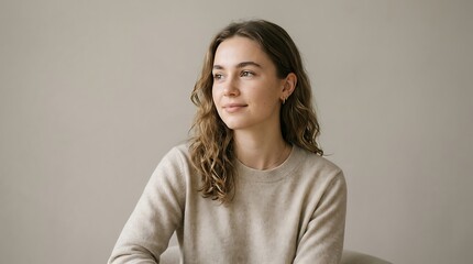 Obraz premium Young woman with wavy hair wearing beige sweater looking sideways