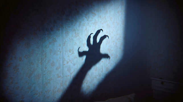 Creepy silhouette of a sharp-clawed monster hand on vintage floral wallpaper illuminated by cold moonlight, supernatural horror and sleep paralysis concept.