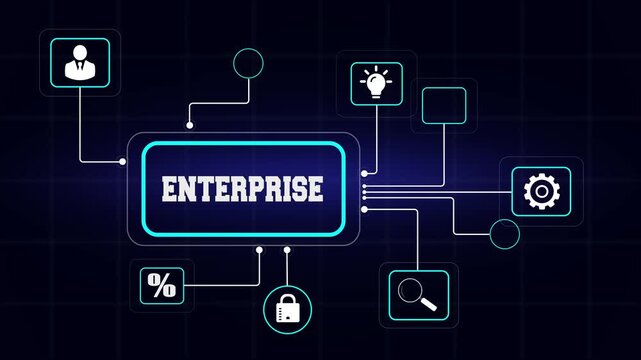 Global enterprise solutions and business scalability concept showing growth on a futuristic interface with connected network icons