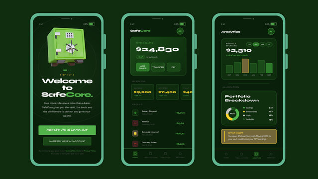 Mobile app screen designs for a financial technology product including onboarding screens, balance overview, and analytics interface with modern fintech style and dark UI.