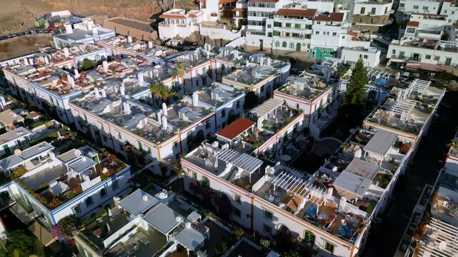 Aerial view of colorful buildings in beautiful old town of Puerto de Mogan, Gran Canaria, Canary Islands, Spain, Atlantic, Europe