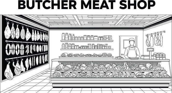 Detailed black and white line art illustration of a traditional butcher meat shop interior, featuring a butcher, display counter, hanging sausages, and meat products.