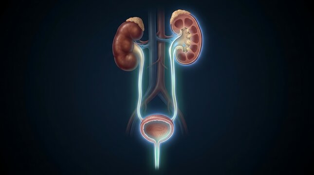 Human kidney and urinary system anatomy with glowing ureters and bladder shown in detailed illustration