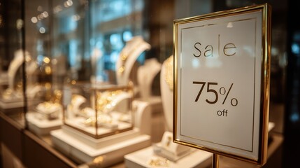 A jewelry store window display with a white board displaying a Sale 75 Off sign, illuminated by ambient lighting. The background is slightly blurred, emphasizing the jewelry on display.