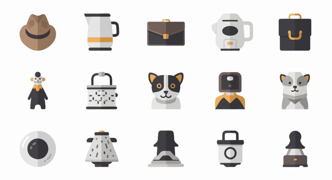 A collection of 15 flat design icons featuring objects and characters
