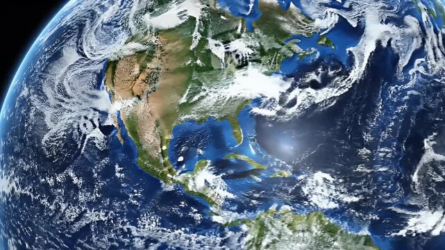 Close-up view of planet Earth from space, showing oceans, continents, and swirling clouds