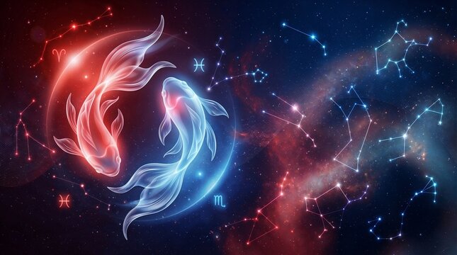Vedic astrology Pisces zodiac sign Meena Rashi with celestial fish and right side copy space