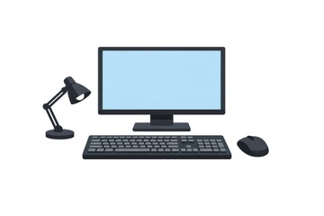 Fototapeta premium Minimal workspace setup displaying a modern desktop computer, keyboard, mouse, and a desk lamp, ideal for concepts of home office, remote work, and productivity