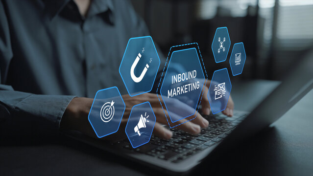 Digital inbound marketing strategy concept. Person using laptop with funnel and analytics icons, lead nurturing, content creation and customer conversion.