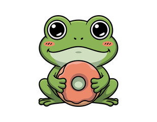 Fototapeta premium A cheerful frog holding a giant doughnut with a happy expression