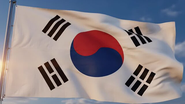 A flag with a white background, a central yin-yang symbol, and four black trigrams