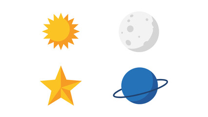 Celestial bodies including the sun, moon, star, and planet depicted in simple graphics © Shahin Studio