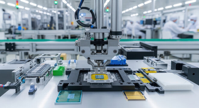 Close-up of electronic components on a workbench in a high-tech manufacturing facility