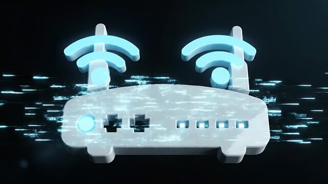 Futuristic modem with glowing wifi signals and abstract data streams