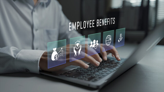 Corporate employee benefits management concept. Person using laptop with salary and reward icons, compensation planning, staff benefits and human resource strategy.