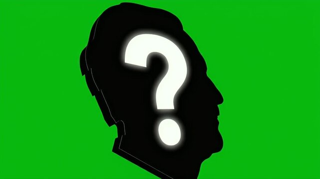Silhouette of a head with a glowing question mark, on a green background
