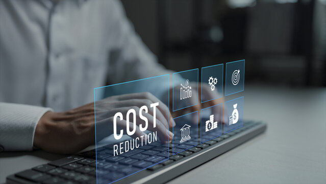 Business cost reduction strategy concept. Person typing keyboard with finance and analytics icons, cost optimization, operational efficiency and profit improvement.