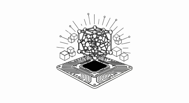 A complex geometric neural network structure emanates from a central processor