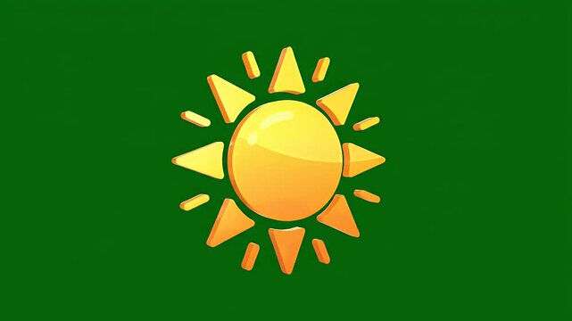 A glossy yellow sun with orange rays on a solid green background