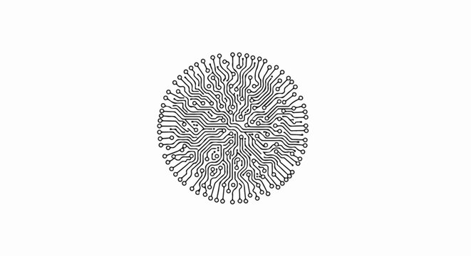 Intricate circular circuit board pattern resembling a fingerprint or neural network