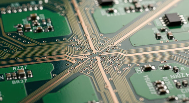Close-up of a green circuit board with copper pathways and electronic components.