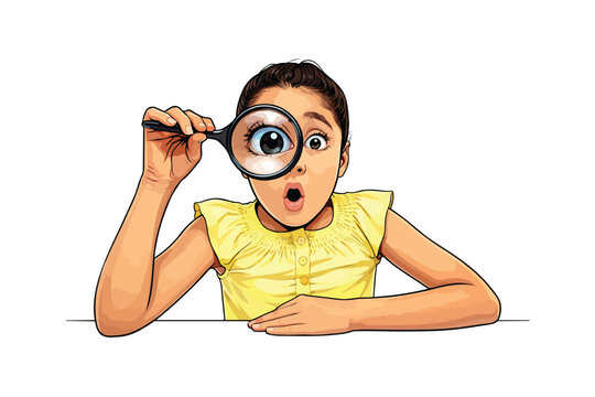 Young girl examines her eye closely vector illustration