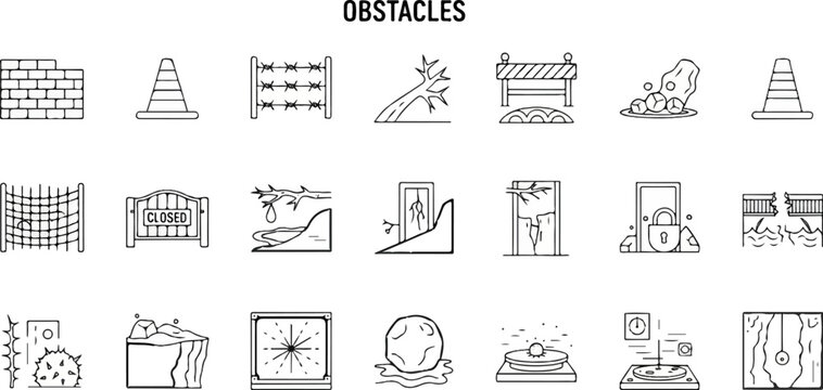 Collection of simple line art icons depicting various obstacles and barriers